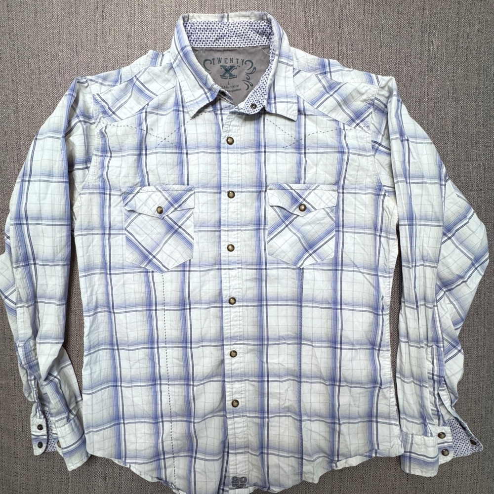 Wrangler Twenty X Mens Large Blue Plaid Western Snap Long Sleeve Shirt MJ1151M